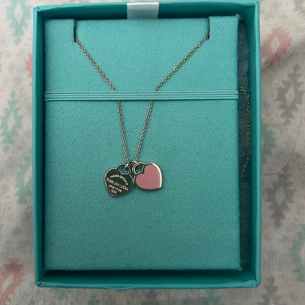 Tiffany double pink heart silver necklace
